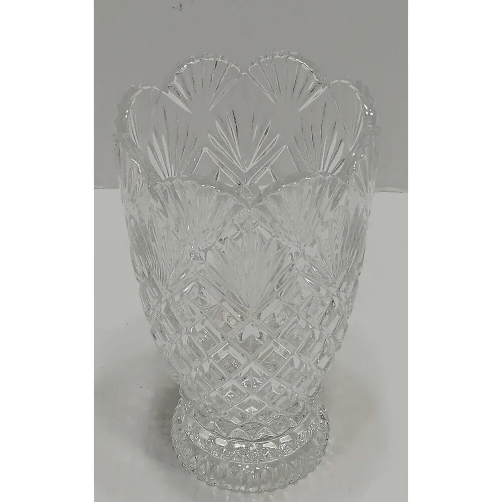Vintage Imperial Crystal Slovakia Diamond Cut Vase, Heavy Lead Crystal Scalloped